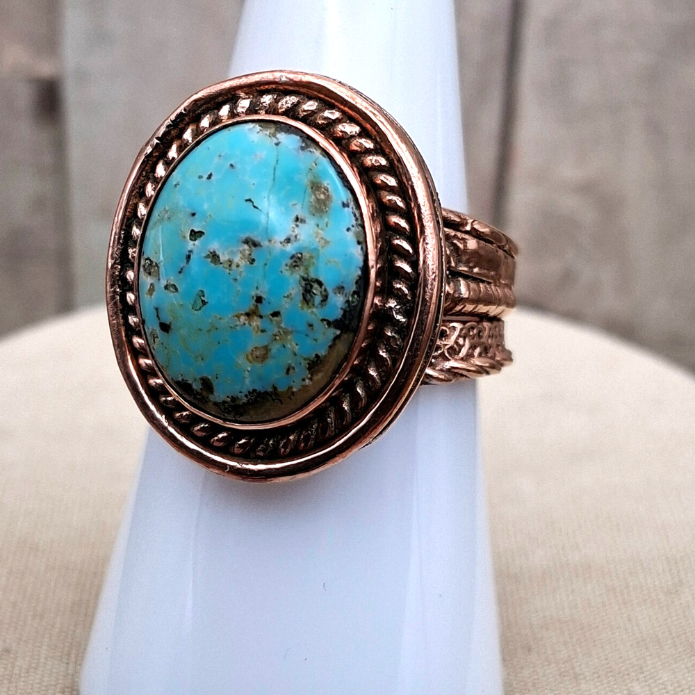 Kingman Turquoise Ring Solid Copper Sz 8–10 Large Oval Wide Band Southwestern